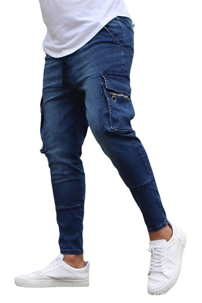 Street Elastic Jeans Men Denim Cargo Pants Wash Solid Color Multi Pockets Casual Mid Waist Trousers Slim Fit Daily Wear Joggers - Matrix Studios