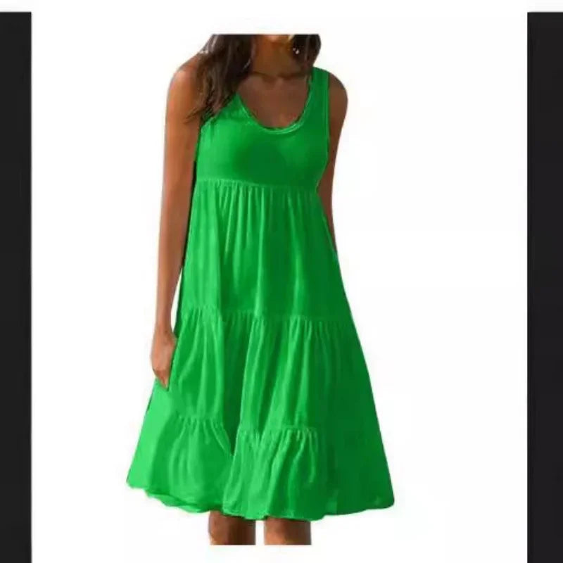 Bohemian Women's Casual O Neck Sleeveless Ruffle Mini Dress Solid Color Beach Tank Top Oversized Loose Dress Plus Size Women3029 - Matrix-studios.com