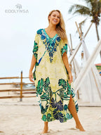 2026 Indie Folk Embroidered Short Sleeve Summer Dress Cotton Tunic Beach Kaftan Women Beachwear Swimsuit Cover Up Robe de plage - Matrix Studios
