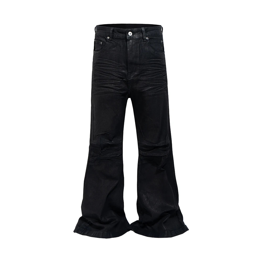 Streetwear Black Glue Coated Boot Cut for Men and Women Straight Baggy Casual Flare Pants Oversized Loose Denim Trousers - Matrix Studios