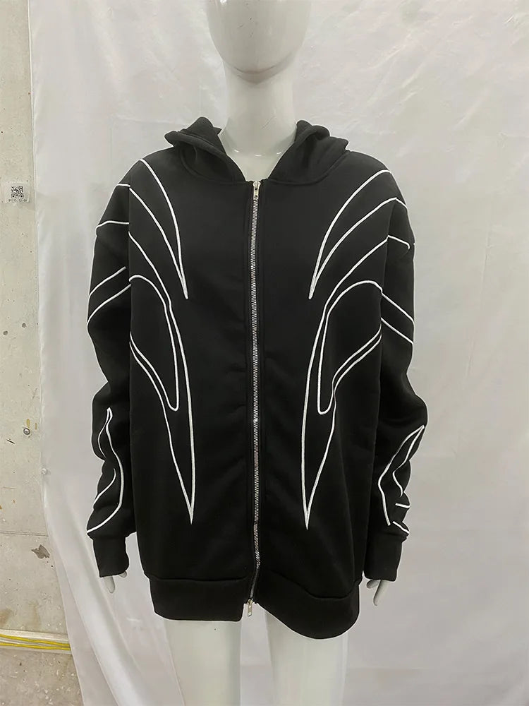 Street Retro Fashion Clothing Striped Embroidered Black Double Zipper Hoodie American Hip-hop Punk Oversized Sweatshirt Women - Matrix Studios