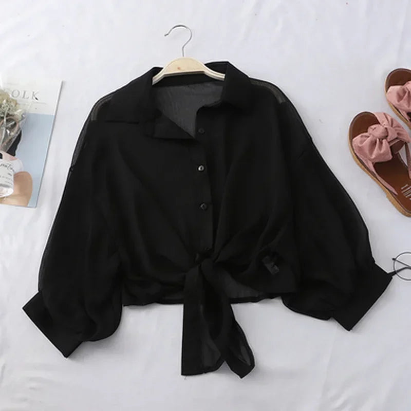 Casual Loose Hollow White Clothes Elegant Solid Color Tied Waist Blouse Women Summer Bat Half Sleeve Button Chiffon Shirt - Matrix-studios.com