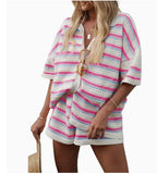 2025 Summer Women'S Hollow Striped Knitted 2 Pieces Set Short Sleeve Flip Collar Cardigan Single Breasted Casual Shorts Suits - Matrix-studios.com