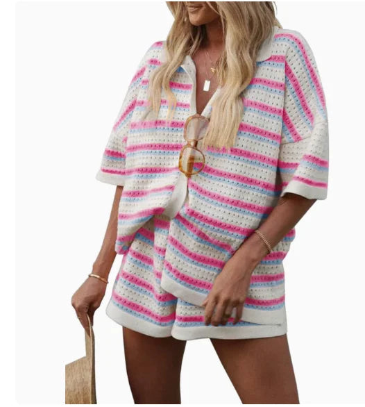 2025 Summer Women'S Hollow Striped Knitted 2 Pieces Set Short Sleeve Flip Collar Cardigan Single Breasted Casual Shorts Suits - Matrix-studios.com