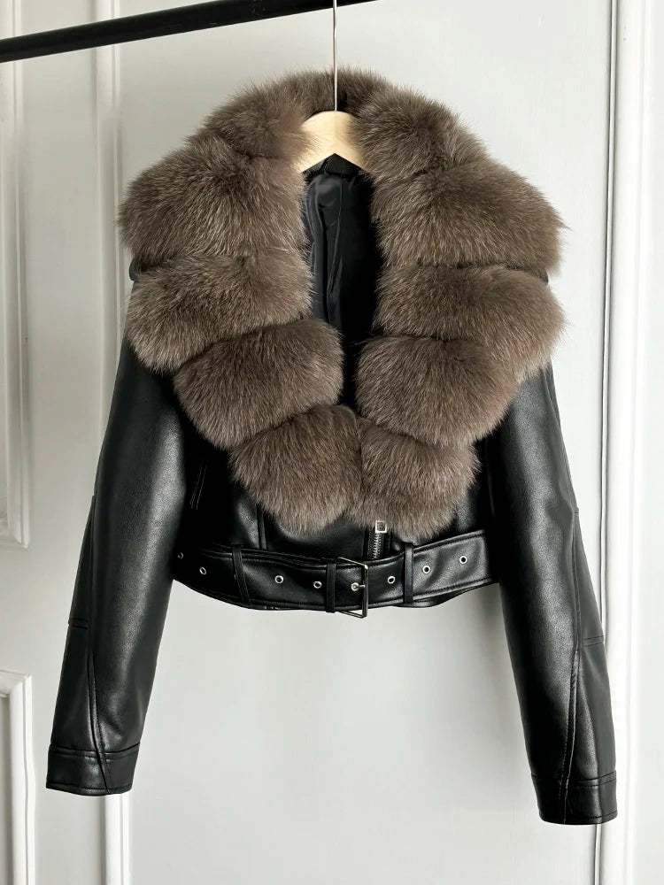 Lagabogy 2024 Big Real Fox Fur Women Vintage Pu Faux Leather Short Jacket With Belt Streetwear Female Zipper Retro Coat Outwear - Matrix Studios