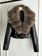 Lagabogy 2024 Big Real Fox Fur Women Vintage Pu Faux Leather Short Jacket With Belt Streetwear Female Zipper Retro Coat Outwear - Matrix Studios
