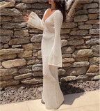 Yiiciovy Sexy Women Long Knit Beach Dress Hollow-Out Deep V-Neck Long Sleeve Bikini Cover-Ups Dress Fall Backless Holiday Dress - Matrix Studios