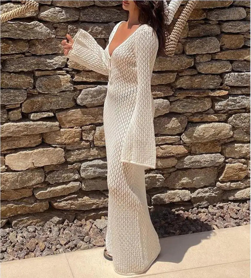 Yiiciovy Sexy Women Long Knit Beach Dress Hollow-Out Deep V-Neck Long Sleeve Bikini Cover-Ups Dress Fall Backless Holiday Dress - Matrix Studios