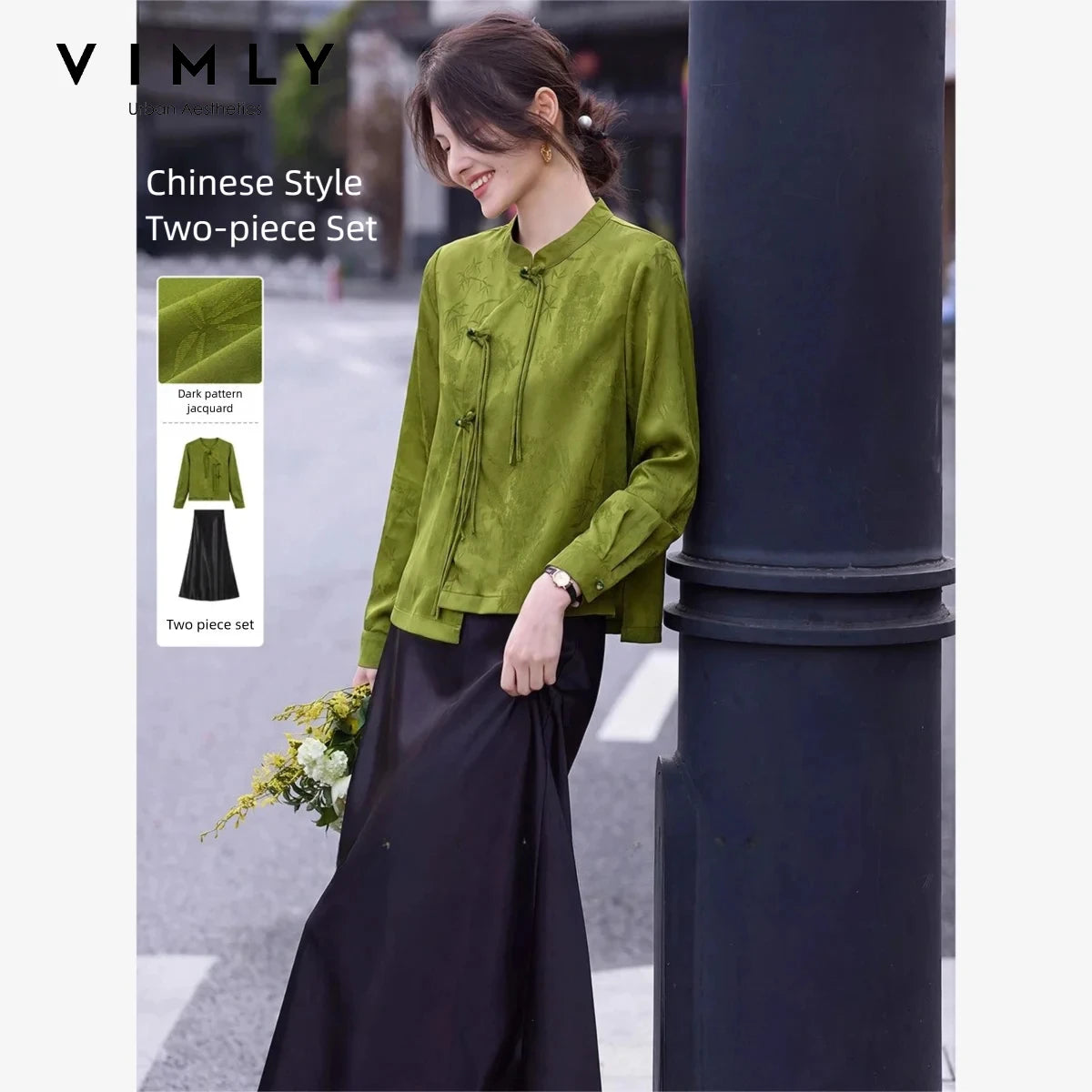 VIMLY New Chinese Style Women's Two-piece Set Autumn 2026 Long Sleeve Top Satin Midi Skirt Elegant Fashion Matching Outfit 31785 - Matrix-studios.com