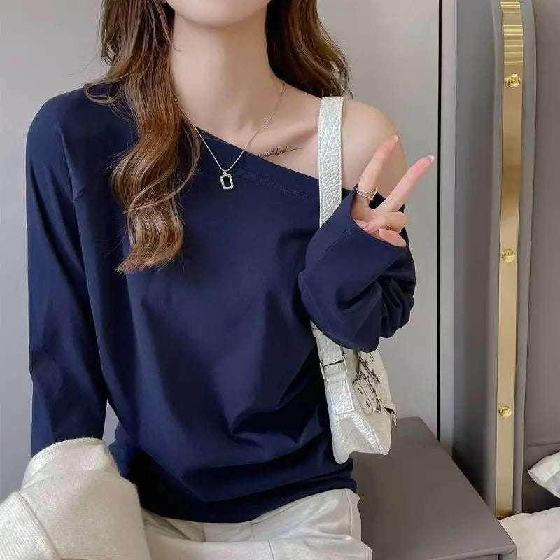 Autumn Winter One Shoulder Cotton Long Sleeve Slant Shoulder Women's Clothing Style Interior Wide Truffle Shoulder Base Shirt - Matrix-studios.com