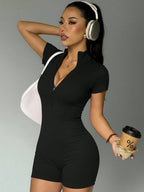 Women Half Zip Ribbed Knit Sports Romper - Matrix Studios