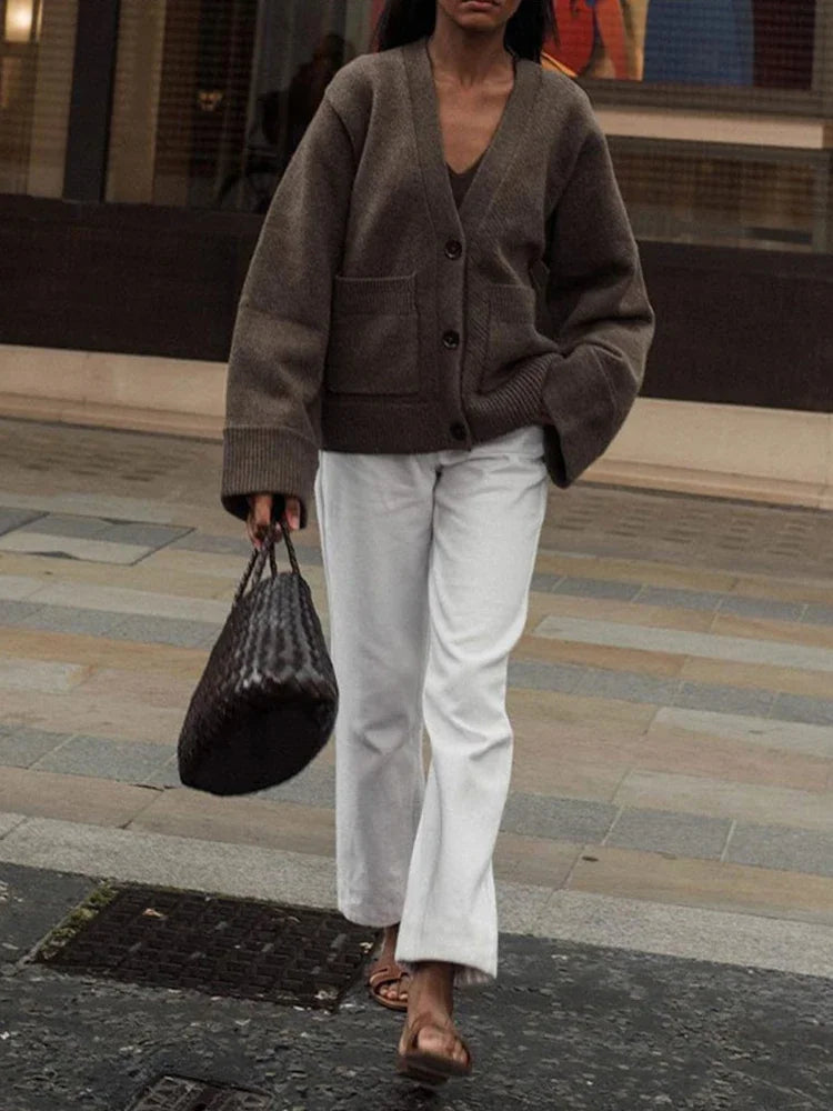 Autumn Women's Cropped Cardigans V-neck Knitted Sweater Coat Long Sleeve With Pocket Casual Streetwear 2025 New Outwear Fashion - Matrix Studios