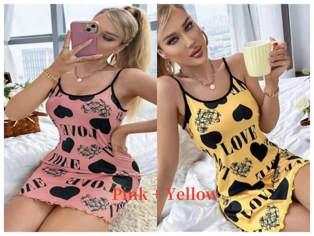 Summer New Women's Nightgown Beauty Back Thin Section Of Home Wear Sexy Halter Short Skirt Love Cartoon Cute Printing Pajamas - Matrix-studios.com