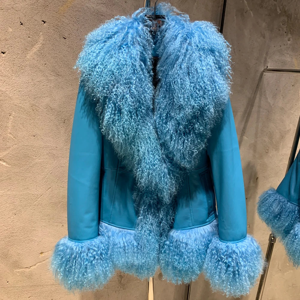 Sheep Collar Coats Women Winter Luxury Mongolian Fur Leather Jackets with Long Sleeve 7251 - Matrix Studios