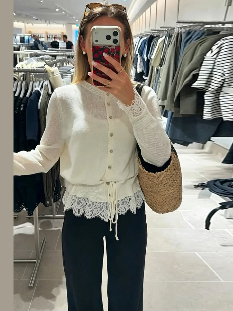 Knitted Women Cardigan Drawstring Cinched Waist Lace Trim Single Breasted Sweater Sheer O-Neck Solid Sweater Elegant Tops Ladies - Matrix Studios