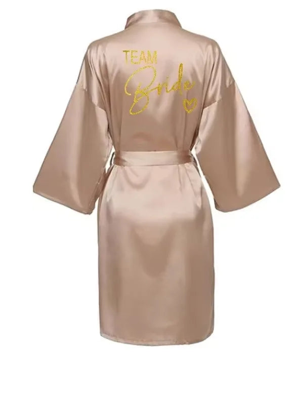 Wedding Party Team Bride Robe Kimono Satin Pajamas Bridesmaid Bathrobe Gold Letter SP089 - Matrix-studios.com