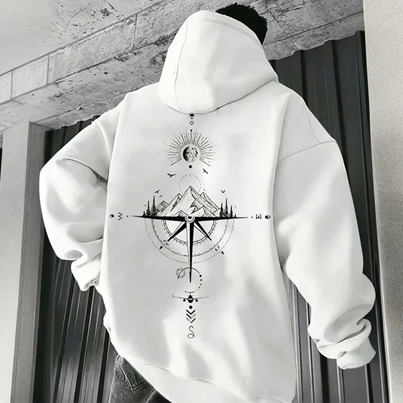 Vintage Compass Print Hoodies for Men High Quality Hooded Long Sleeve Pullover All Season Daily Casual Sports Tops Men's Clothes - Matrix Studios