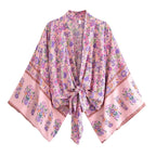 Happie Queens Floral Print Sashes Short  Kimono Women Fashion V Neck Batwing Sleeves Robe Lady Boho Bikini Cover-ups - Matrix Studios