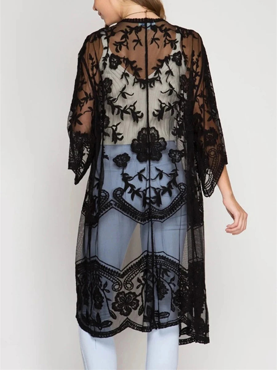Women Beachwear Cardigan Solid Color 3/4 Sleeve See-Through Embroidery Flower Beach Dress For Women Summer Holiday Cover-Up - Matrix Studios