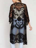 Women Beachwear Cardigan Solid Color 3/4 Sleeve See-Through Embroidery Flower Beach Dress For Women Summer Holiday Cover-Up - Matrix Studios