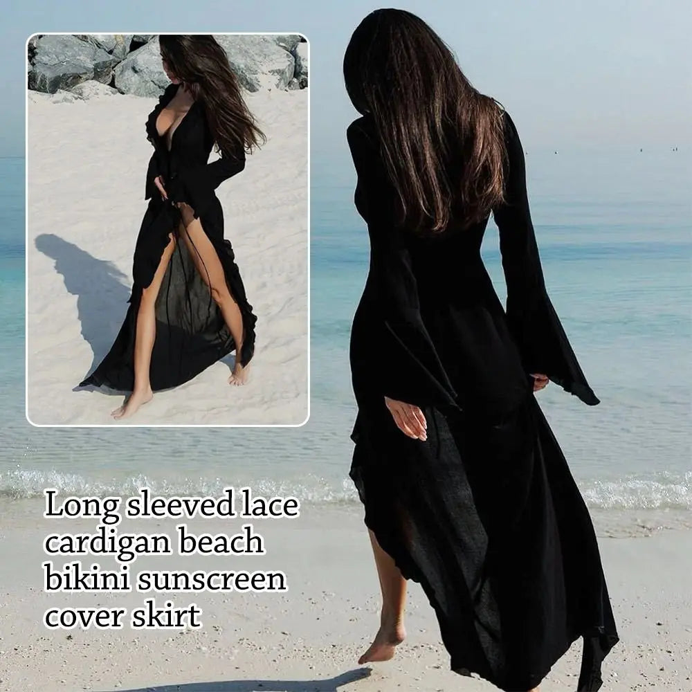 Fashion V Neck Summer Beach Cover Up Ruffled Long Sleeve Beach Dress Bathing Suit Loose Bikini Sunscreen Smock for Women - Matrix Studios
