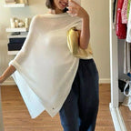 Combhasaki Women Knitwear Bikini Cover-up See-through Solid Off Shoulder Irregular Triangle Hem Loose Pullover Summer Beach Tops - Matrix Studios