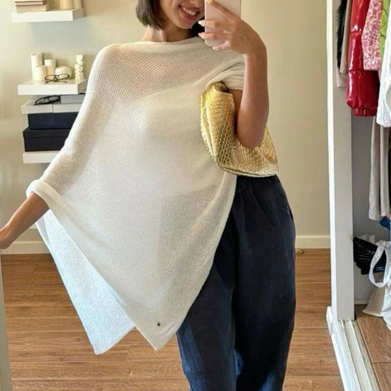 Combhasaki Women Knitwear Bikini Cover-up See-through Solid Off Shoulder Irregular Triangle Hem Loose Pullover Summer Beach Tops - Matrix Studios