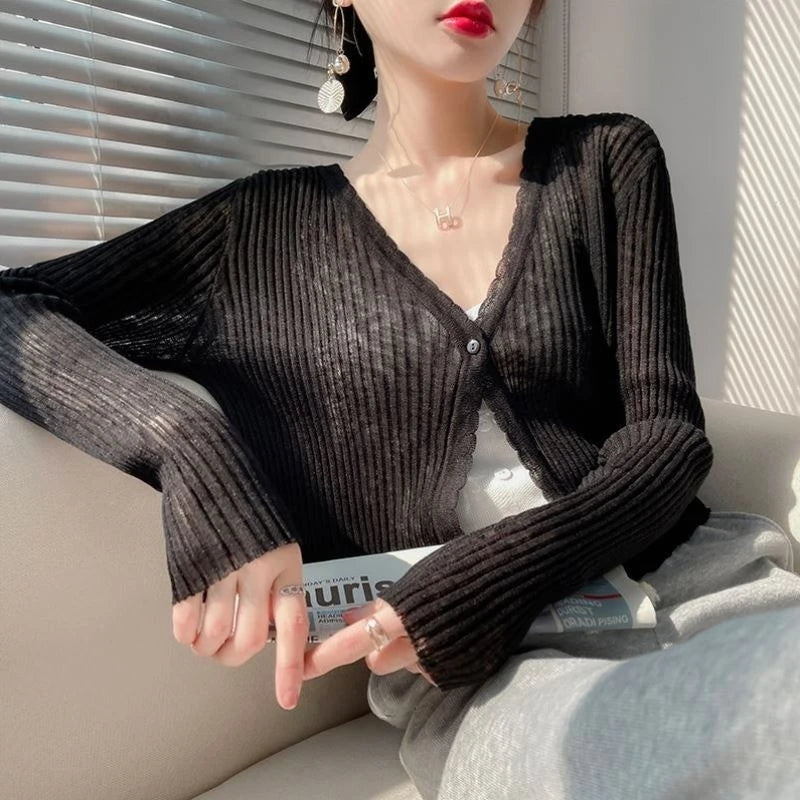 AOSSVIAO 2026 Spring Summer Ice Silk Knitted Thin Women's Cardigan French Style Sun Protection Shawl Sweater Coat Knit Crop Tops - Matrix Studios