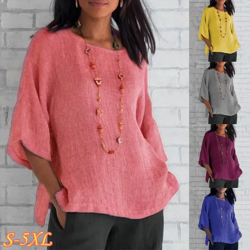 Cotton Blouse Shirts Summer O-Neck Three Quarter Loose Casual Blouse Tops Summer Cothes For Women Streetwear - Matrix-studios.com