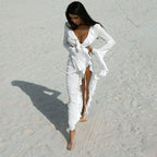 New Chiffon Tunic Beach Cover Up Cover-ups Dress Sunscreen Beachwear Womens Clothing Sexy V Neck Ruffled Long Sleeve Black White - Matrix Studios