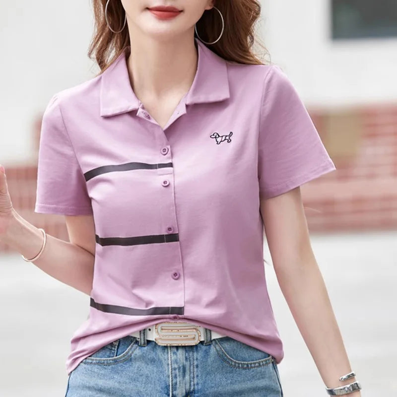 New Women Summer Cotton Polo T-shirt Fashion Turn-down Collar Short Sleeve Contrast Color T-shirt Casual Simplicity Loose Tees - Matrix-studios.com
