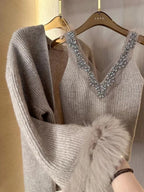 Heavy Diamond V-neck Sexy Slim Fit Knitted Vest+ Autumn Winter Long Sleeve Cardigan Coat Women 2026 New Two Piece Sets - Matrix Studios