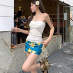 French Drawstring Blue Floral Tube Top Women Separate Swimwear Set Coastal Summer Vacation Beach Holiday Swimsuit for Girl - Matrix-studios.com