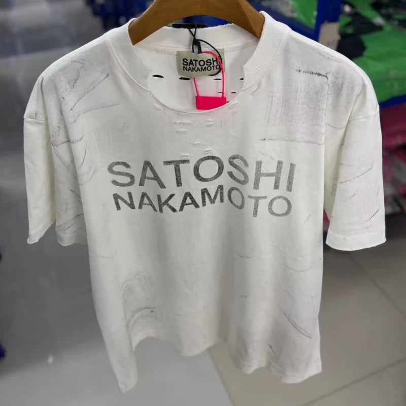 American Style Street Fashion Brand Satoshi Nakamoto Tops New Summer Men's Women's Glittering Rhinestones Short Sleeved - Matrix-studios.com