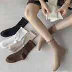 6/12 Pairs Women Solid Color Wavy Edge Mid Tube Socks Fashionable Sweet Style Breathable Comfortable Spring Summer Casual Socks - Matrix Studios