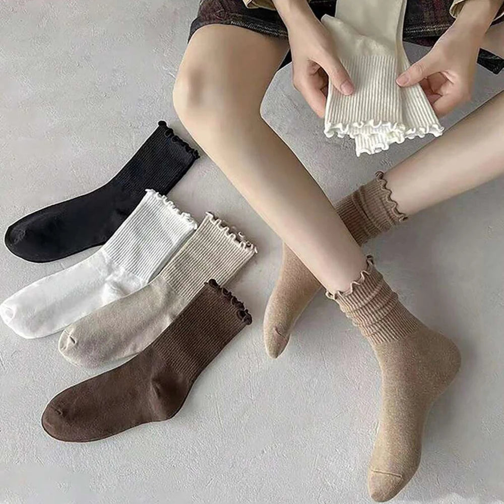 6/12 Pairs Women Solid Color Wavy Edge Mid Tube Socks Fashionable Sweet Style Breathable Comfortable Spring Summer Casual Socks - Matrix Studios
