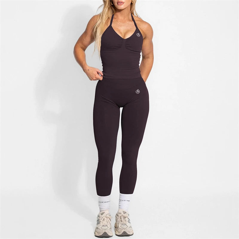 Women's Yoga Set Bum Balance Fitted Halter Tops & Shaping Pants 2pcs Yoga Sportwear Workout Gym Clothing High Waist Leggings Set - Matrix-studios.com