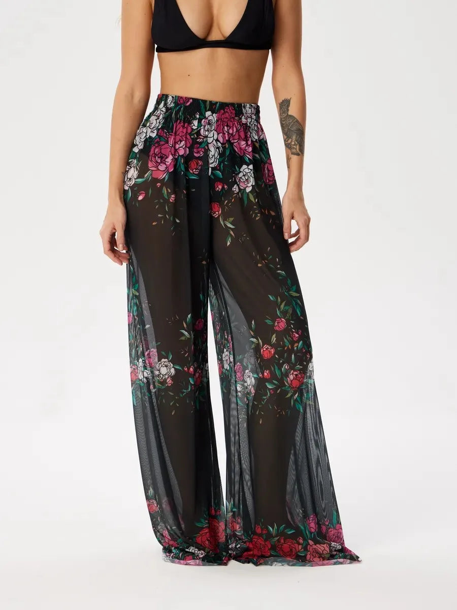 Women Mesh Ruffle Trim Cover Up Pants Beach Cover Up Cover Ups For Swimwear Beach Ruffle Pants 2025 Summer Pants - Matrix Studios
