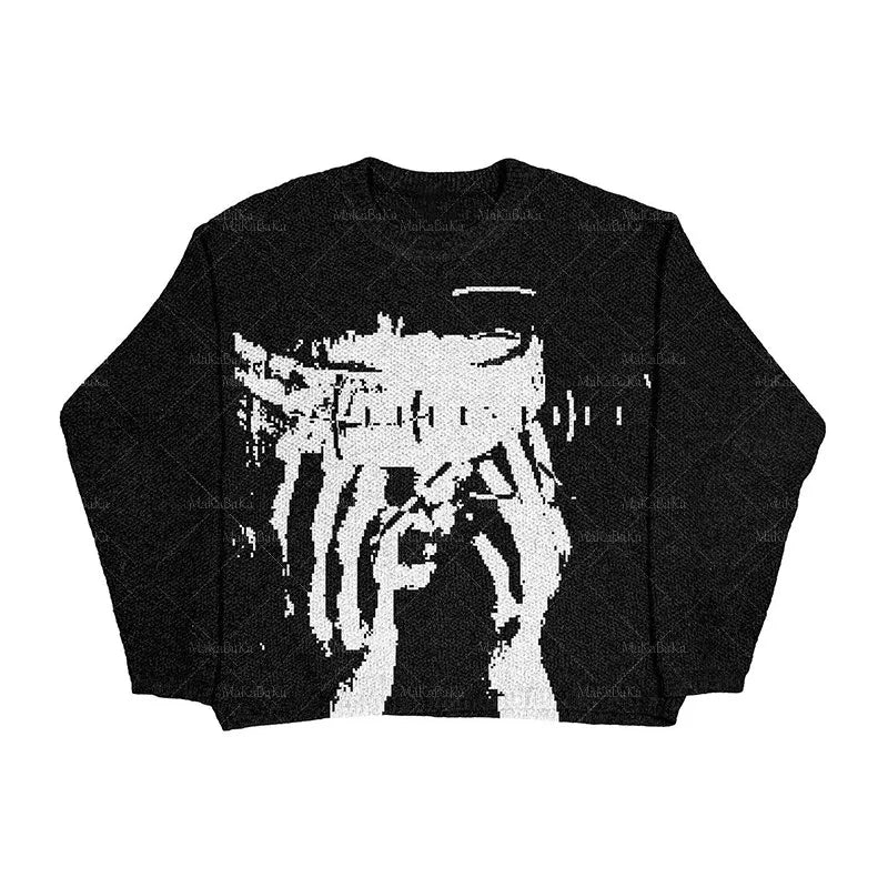 New Hip Hop Streetwear Knitted Sweater men Gothic portrait Print Pullover autumn Harajuku Cotton sweater women Oversized Sweater - Matrix Studios