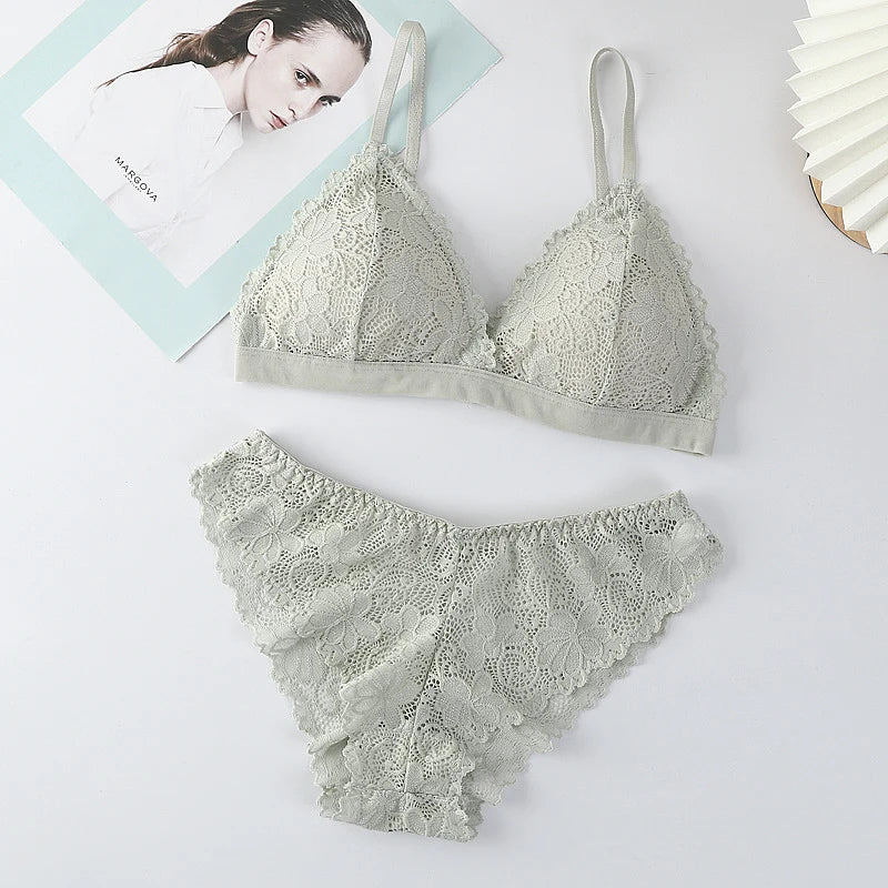 Women Lace Bra And Panties Set V-neck Push Up Bralette Sexy Lingerie Low Waist Briefs Female Non-wire Brassiere Underwear Set - Matrix-studios.com