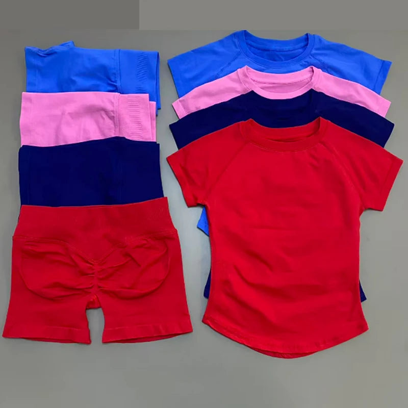 3 Pieces Gym Set Woman Seamless Short Sleeve Top Scrunch Gym Shorts Sport Strappy Bra Bodysuit Workout Suits Gym Clothes - Matrix-studios.com