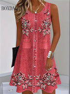 2025 Women Summer Sleeveless Bohemian Dress Fashion Imitate Cowboy Vest Flowers Print Dress Casual Tank Beach Dresses For Women - Matrix-studios.com
