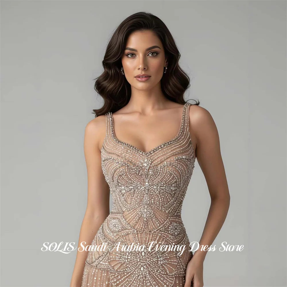 SOLIS Champagne Prom Dresses Spaghetti Strap Gala Dresses Sleeveless Saudi Arabic Glitter Sequin Evening Party Gown Customized - Matrix Studios