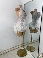 High Quality Women Sexy Halter Beading Feather Tight Bodysuit Nightclub Performance Leotard Luxury Party Celebrate Stage Wear - Matrix Studios