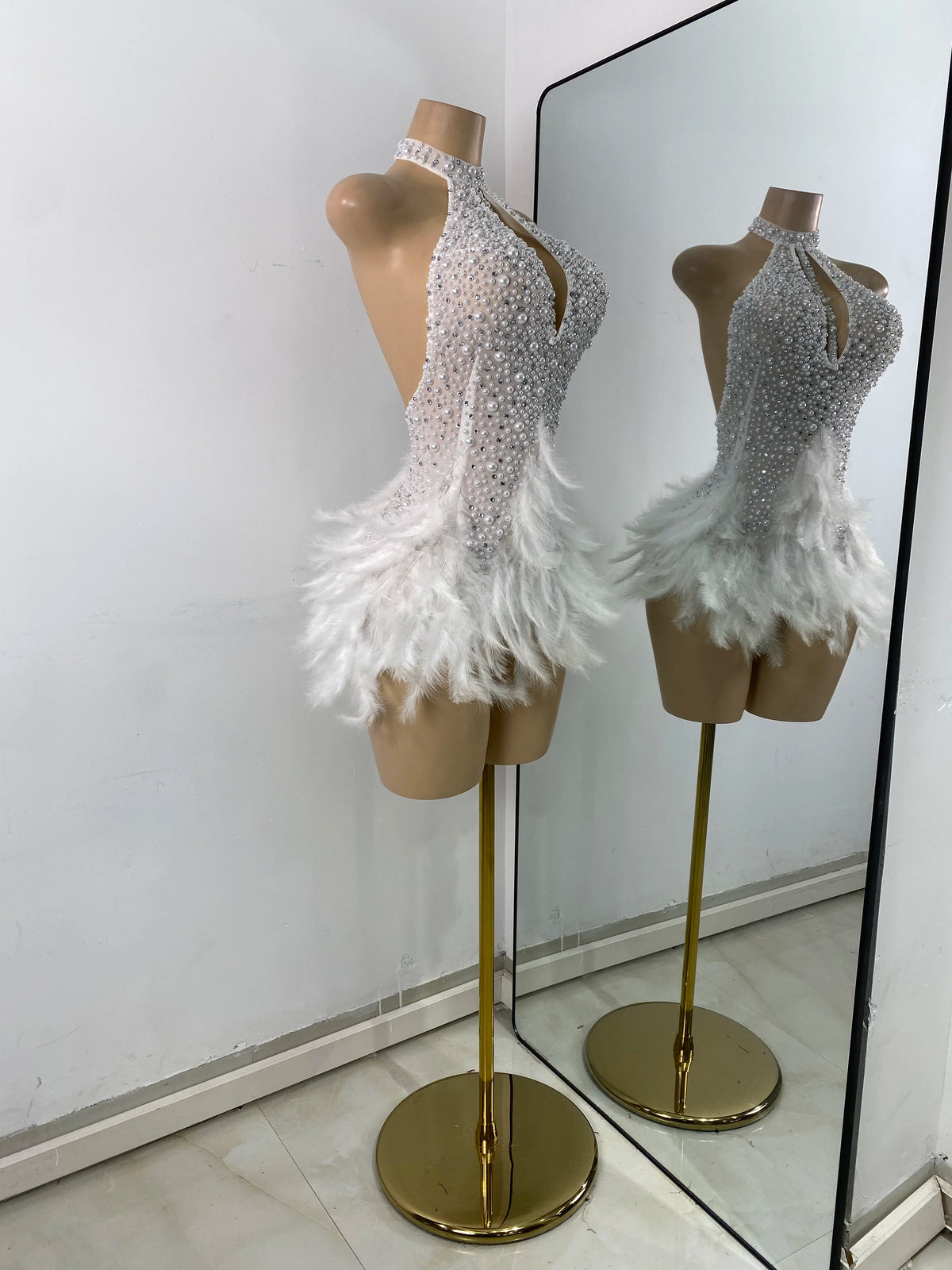 High Quality Women Sexy Halter Beading Feather Tight Bodysuit Nightclub Performance Leotard Luxury Party Celebrate Stage Wear - Matrix Studios