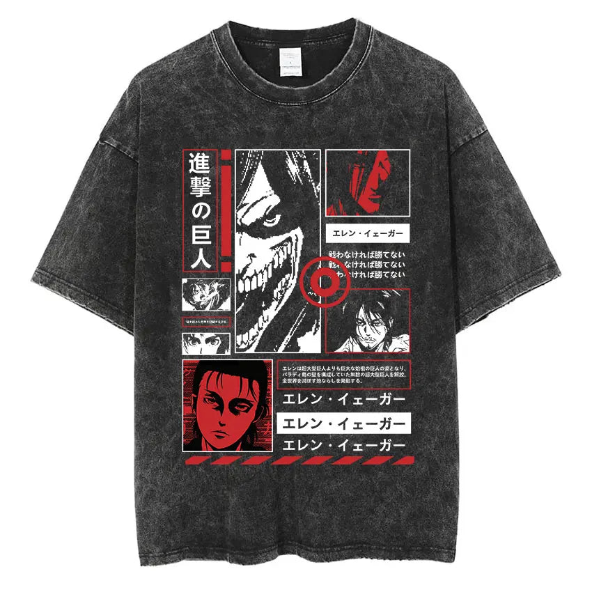 Anime Attack on Titan Vintage Washed Print T-shirt Mikasa Ackerman Eren Jaeger Wings of Freedom Logo Mens Summer Cotton T-shirts - Matrix Studios