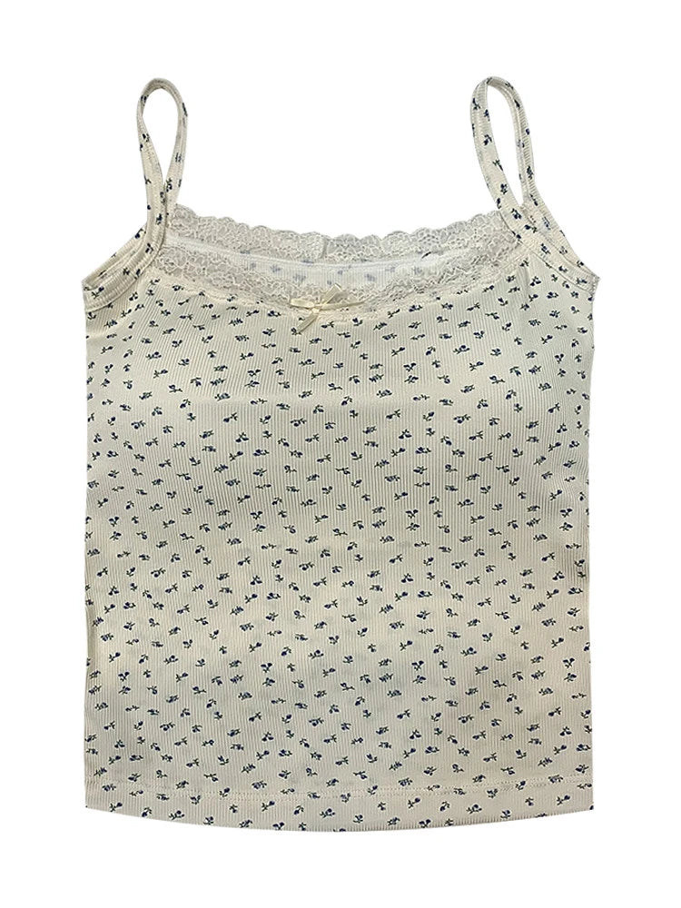 Elegant Lace Flower Print Slim Sexy Vest Floral Tops One Size Tank Spring Sweet Bowknot Style T-Shirt Casual Crop Top Summer - Matrix-studios.com