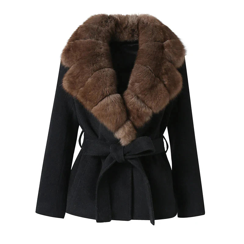Chic Black Belted Coat Women Elegant Brown Fur - Trimmed Collar and Cuffs Middle Long Coats Lady Warm Cold - Weather Wear - Matrix Studios