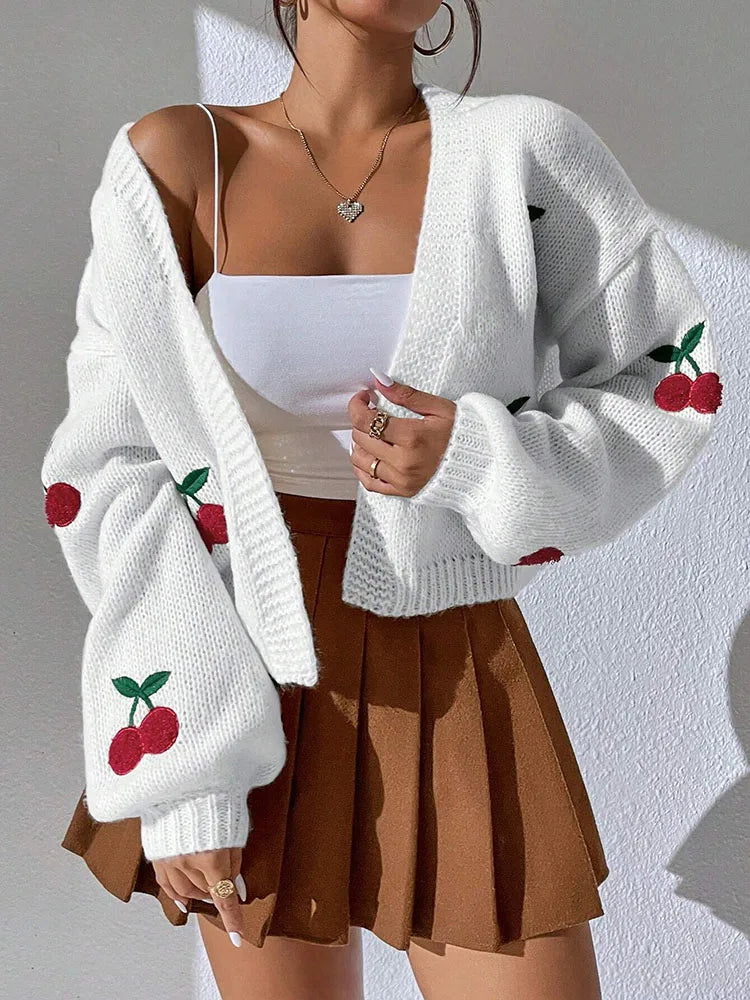 Fashionable Low Shoulder Cherry Embroidery Pattern Cardigan Commuter Sweater Women's Loose Jacket Knitted Sweater - Matrix Studios