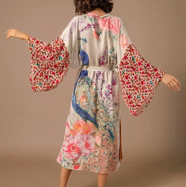 TEELYNN Casual Floral Print Cover-Ups Women Robe Vintage Gown Flare Sleeve Kimono Dress Boho Beach Wear Kaftan Summer Vestidos - Matrix Studios